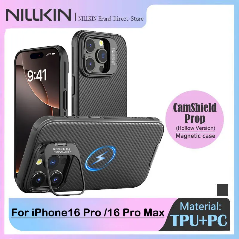 

Магнитный чехол NILLKIN для iPhone 16 Pro Max, подставка со скрытой зеркальной рамкой, классическая саржа, откидная защита объектива, чехол MagSafe