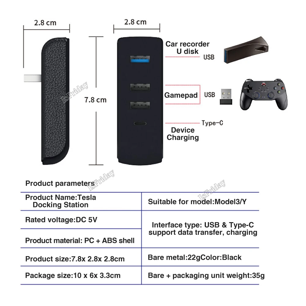 Guantera puertos USB Hub para Tesla Model 3 Y, estación de acoplamiento, 4 en 1, extensor USB, cargador, adaptador de transferencia de datos,