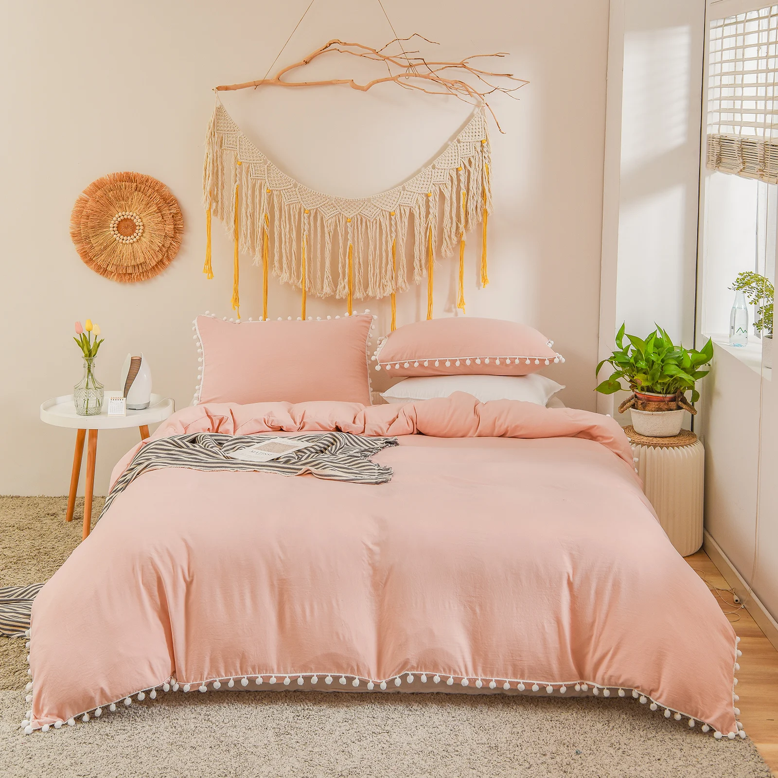 Pink Pom Pom Bedding Set Elegant Romantic Duvet Cover Set Farmhouse Rustic Bedding Set Ball Fringed Design Bedding Set