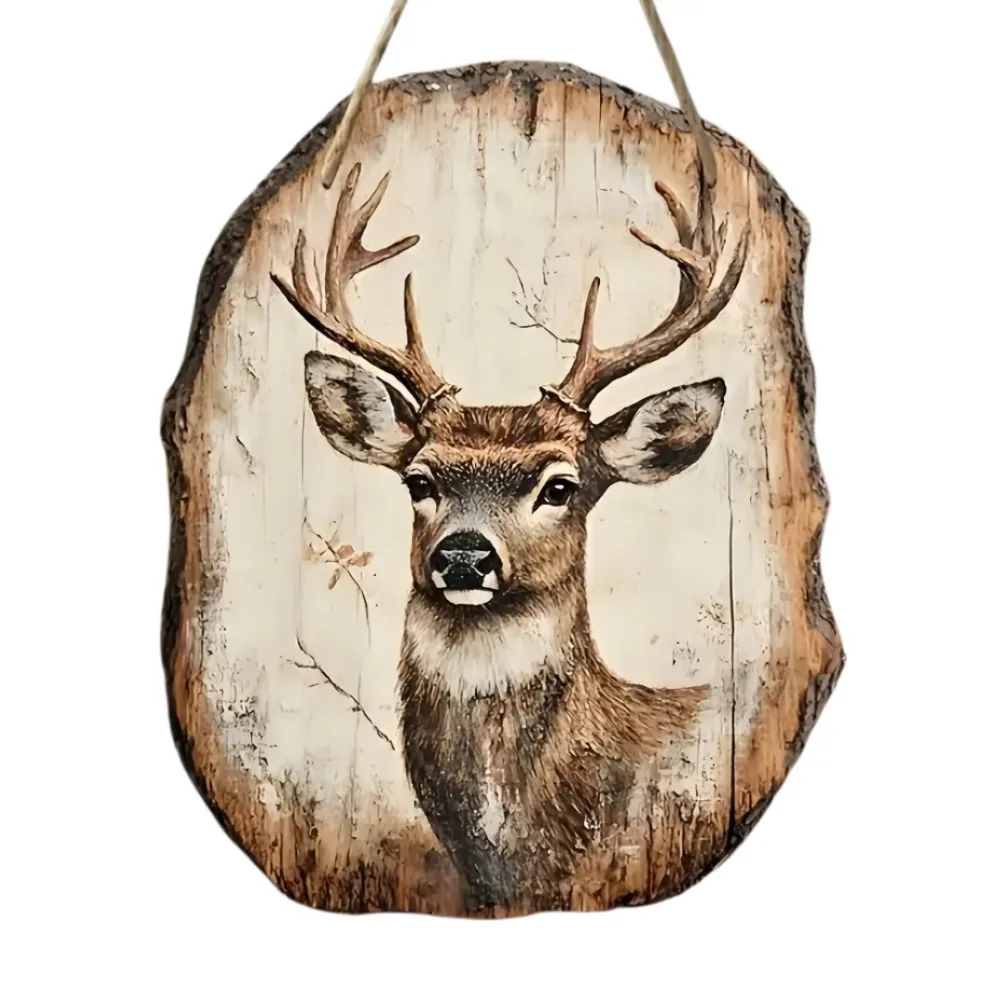 لافتة معلقة خشبية برأس غزال ريفي ثنائي الأبعاد مع توضيح غزال، مناسبة للمنزل والمطبخ والبار وديكور الشرفة والباب، هدية #2