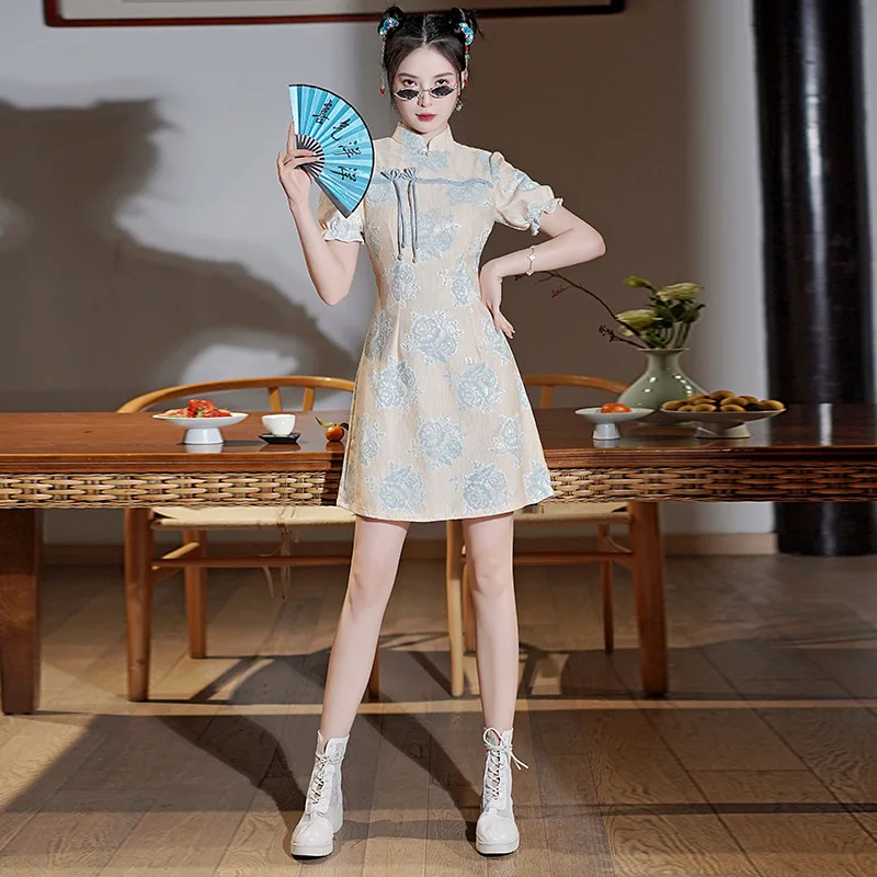 

FZSLCYIYI Sexy Puff Sleeve A-Line Chinese Cheongsam Mandarin Collar Chiffon Qipao Daily Evening Dress