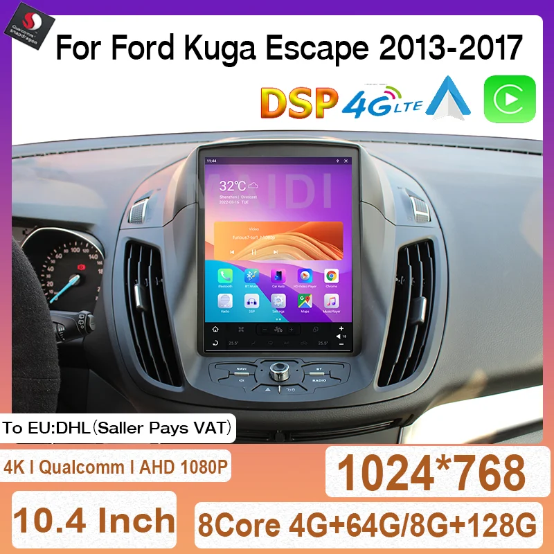 

Snapdragon 665 Android 11 Car Radio 10.4"Qualcomm GPS Navigation Multimedia For Ford Kuga 2013-2017 Carplay Auto 4G DSP Stereo