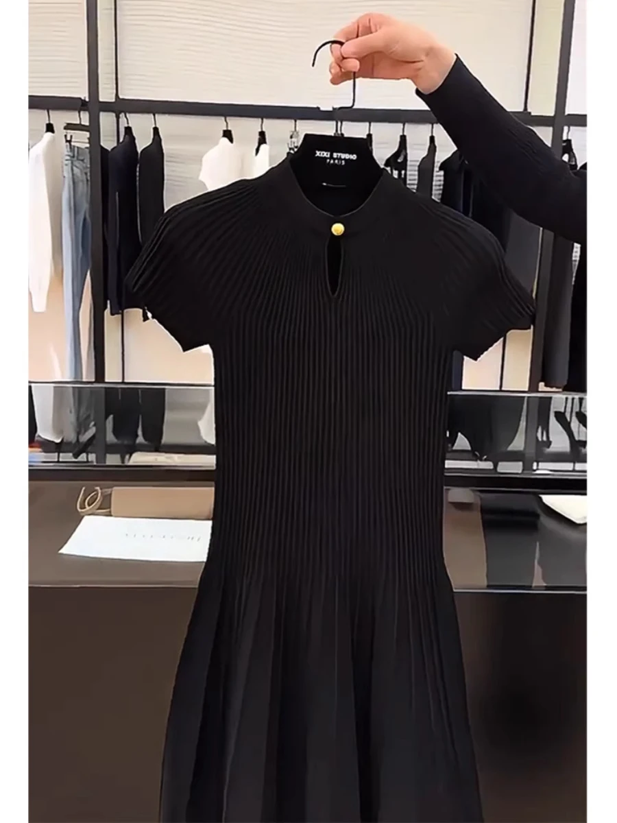 New Heavyweight Knitted Slim Fit Design Women's Dress with Waterdrop Pattern Hollow out Black  A-Line Skirt Casual Wear