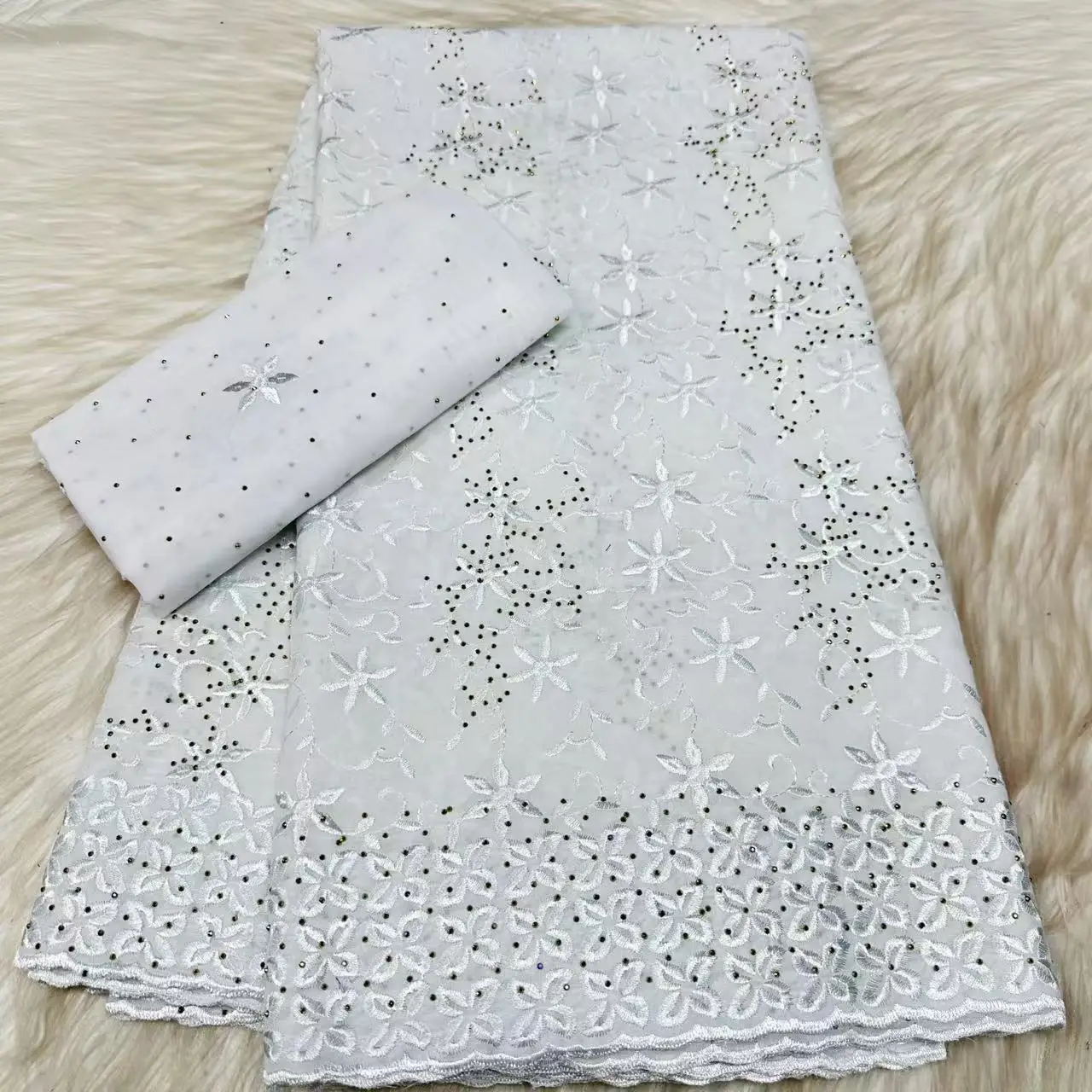 

5+2 Yards New Arrival Stones White Swiss Voile Lace Fabric With Scarf 2026 Cotton African Lace Fabric For Nigerian Dress PYC2621