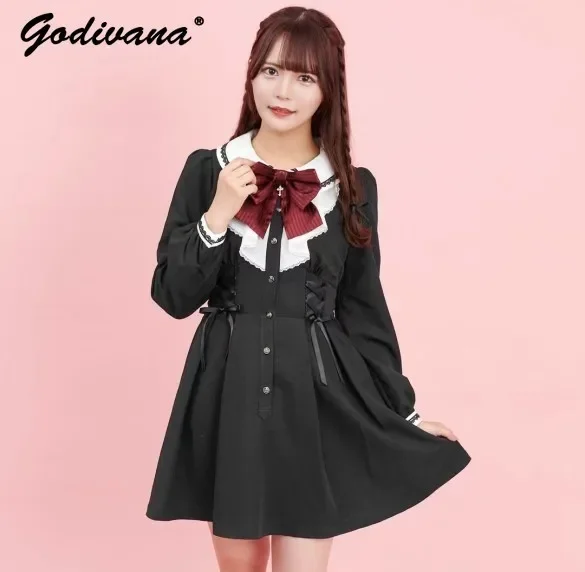 

Sweet Girl Waist-Tight Ribbon Bow College Style Dress Mass Production Color Matching Bow Tie Long Sleeve Autumn Winter Dress