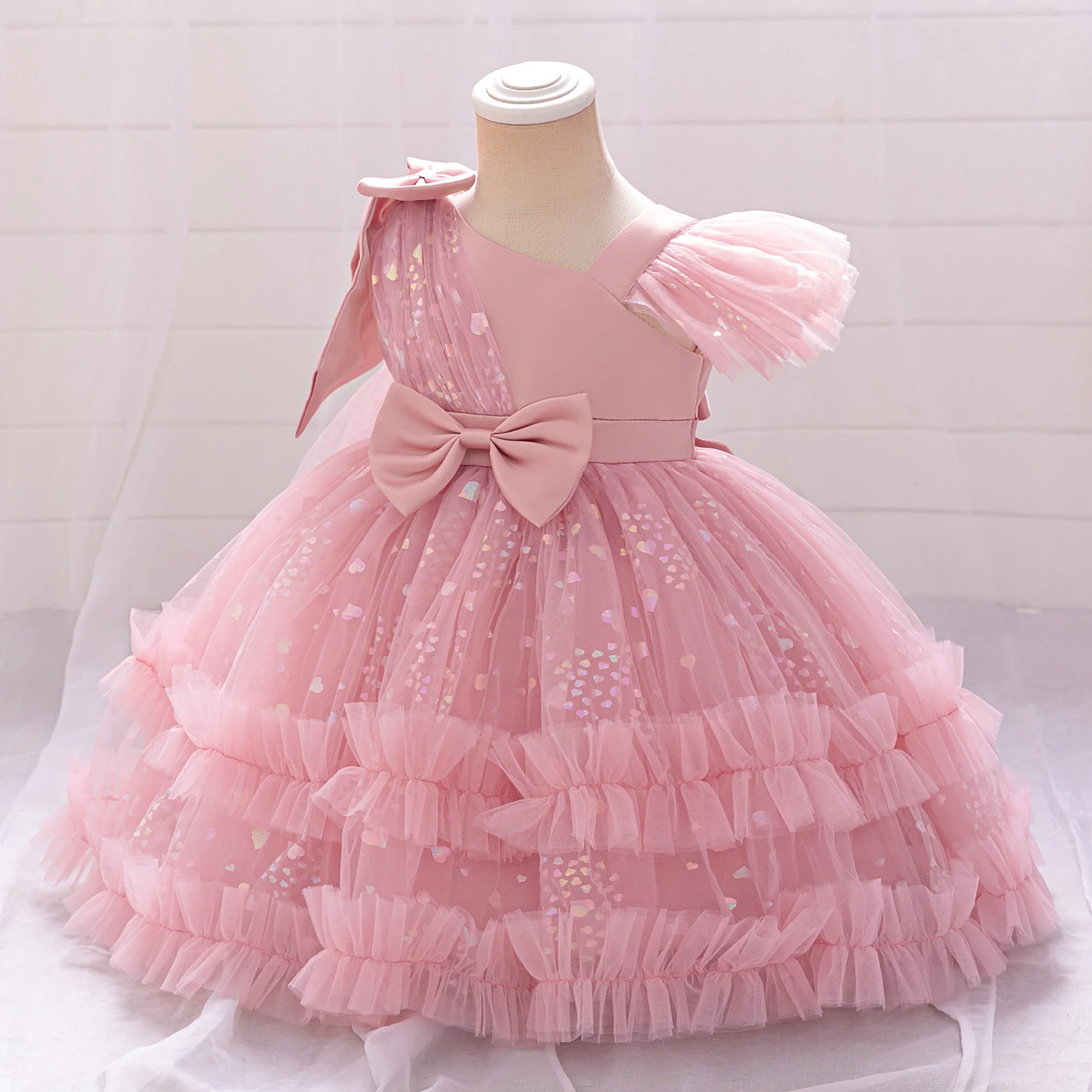 Toddler Girls Party Dress Sequins Princess Evening Mesh Gown Girls Fly Sleeves Bow 0-4Years Birthday Weddings Baby Girls Dress