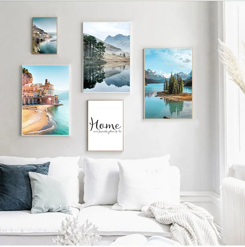 Mountain Lake Reflection Picture Nature Scandinavian  Nordic Decoration Coastline Cityscape Print Wall Art Canvas 