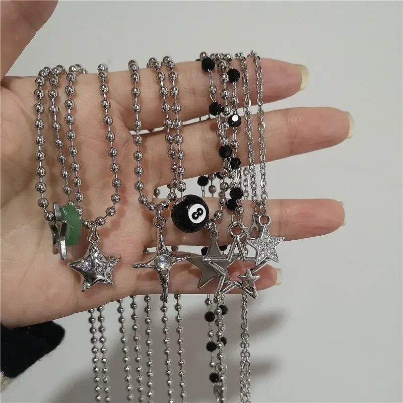 Kpop Punk Grunge Silber Farbe Stern Kreuz Anhänger Halskette Für Männer Frauen Paar Vintage Ästhetischen Schmuck Y2K EMO Zubehör – Detail 2