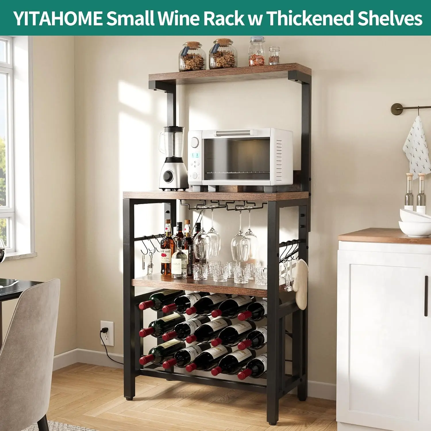 YITAHOME Small Kitchen Microwave Bakers Stand Wine Rack, Wine Rack Freestanding Floor, Coffee Bar Storage with Power Outlet for