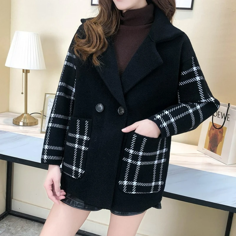 Double-Sided Woolen Coat for Women, Loose Knit Cardigan, Black Checkered Coat, Korean Fashion, Autumn and Winter, New Item