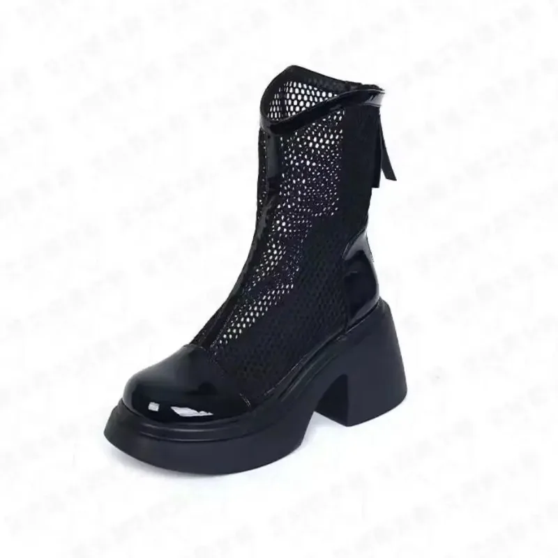 Summer Women Platform Boots High Heels Boot Sexy Hollow Mesh Short Zip Square 8cm Thick Heel Mid-Calf Nightclub Shoes