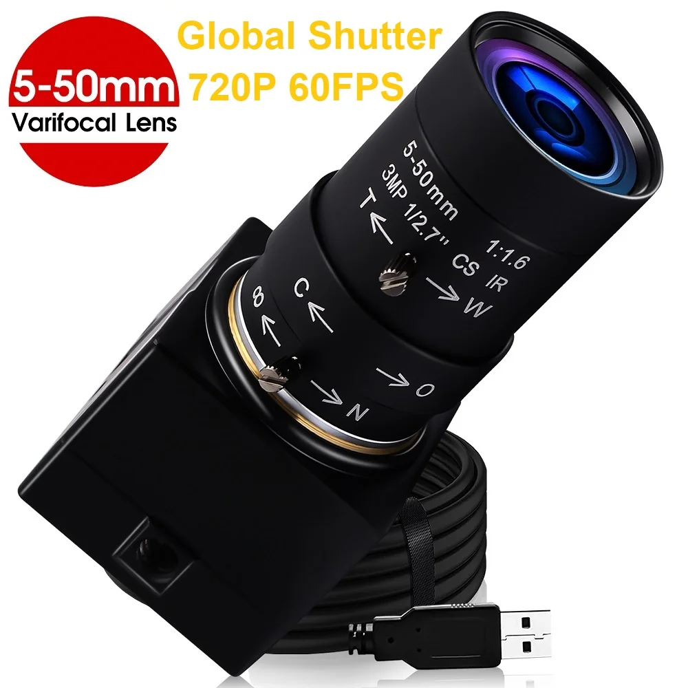 ELP 720P 60fps High speed webcam CS 2.8-12mm 4X CS 5-50mm 10X global shutter USB Camera for machine vision