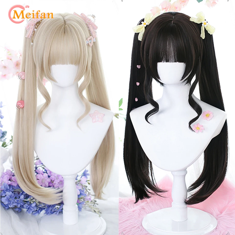 Meifan synthetische kurze gerade Perücke mit langen Pferdes chwanz Lolita Cosplay Party Harajuku blonde schwarze Perücke mit Pony für Frauen