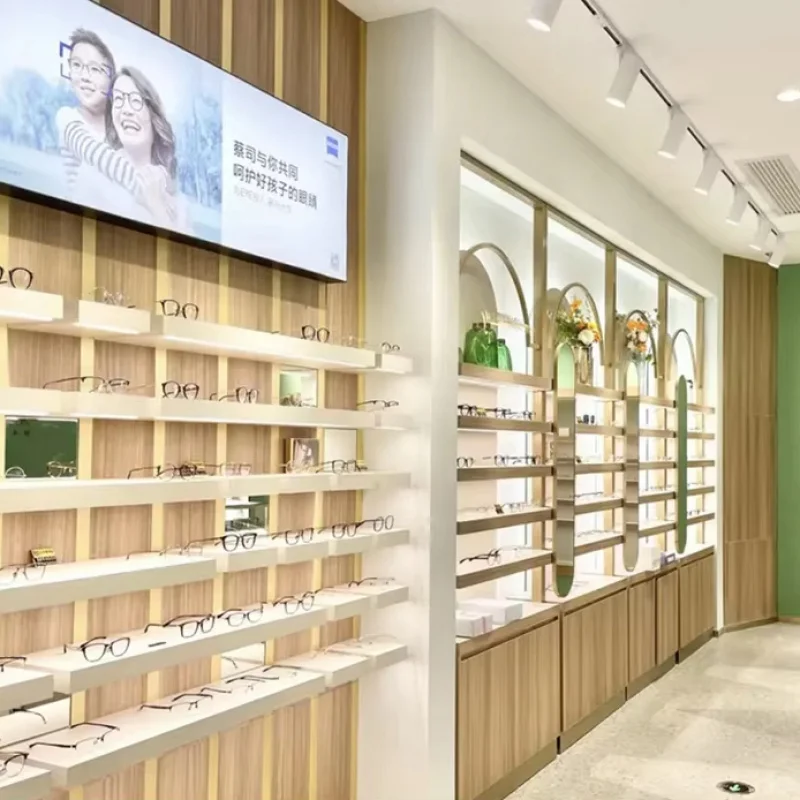 

custom.Custom Wooden Glasses Store Furniture LED Lighting Eyewear Wall Mounted Display Cabinet Sunglasses Optical Shop Rack Made
