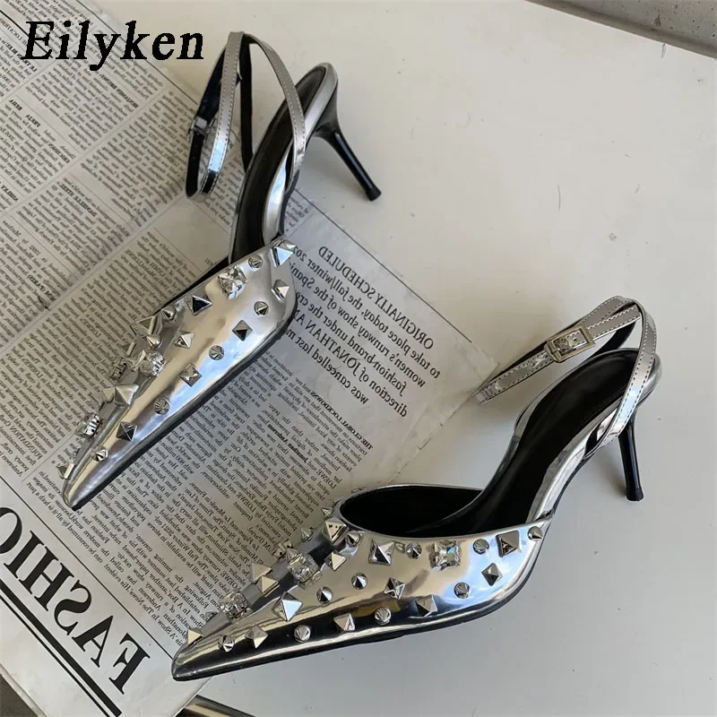 Eilyken Rivet Sexy Pointed Toe Women Pumps Slingback Shoes Wedding Party Buckle Strap High Heels Female Sandals