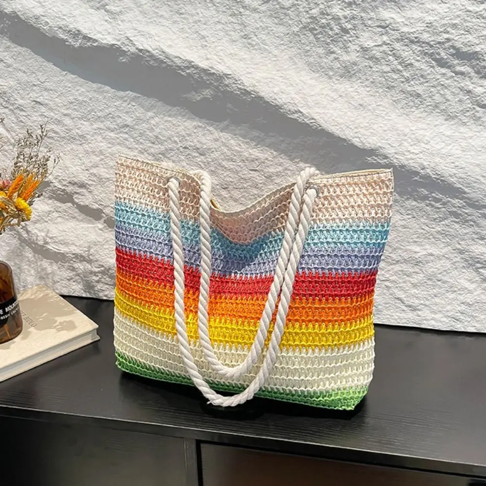

Trendy Beach Handbag Strip Weave Bag Large Capacity Lazy Style Rainbow Beach Bag Bohemian Style Hollow Tote Bag Streetwear