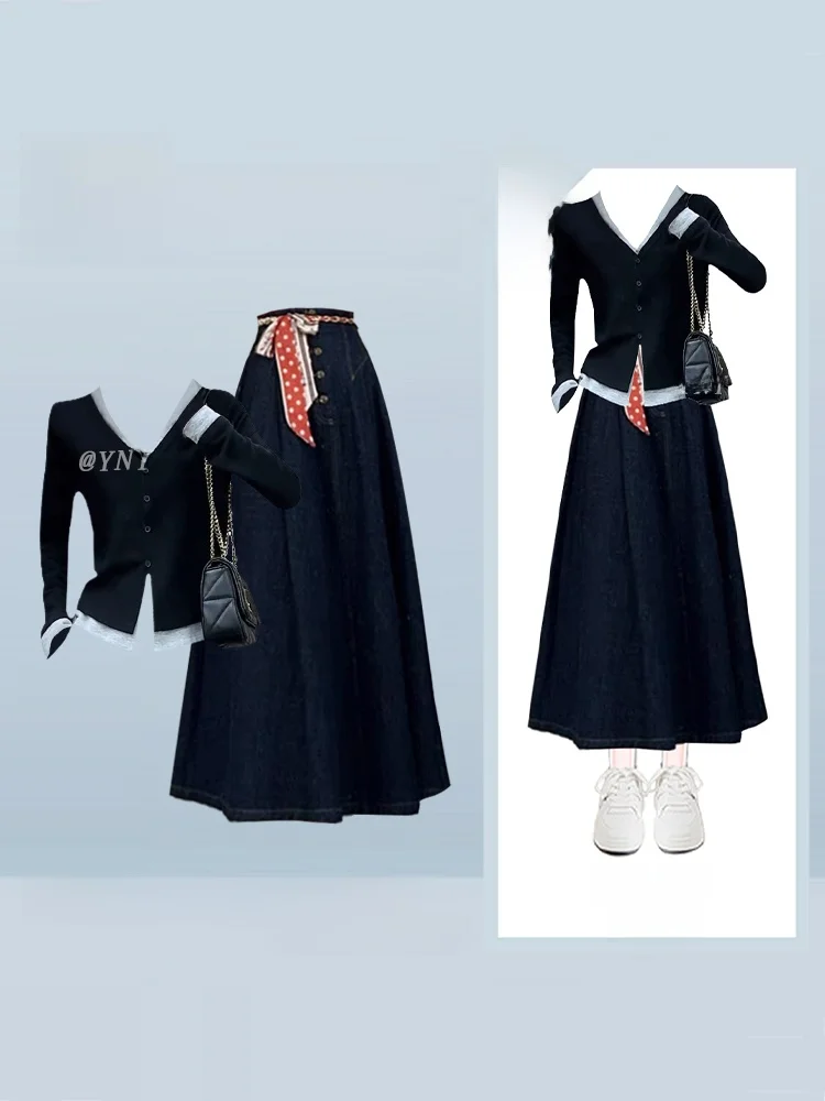 

Женский комплект: рубашка с длинным рукавом на пуговицах и джинсовая юбка, облегающий крой, короткий рукав, V-образный вырез, корейский стиль, осенний наряд