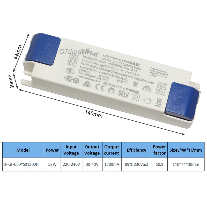 Lifud LED Driver 52W 1300mA DC 30-40V AC220-240V LF-GIF050YS1300H Transformer LED Driver Panel LED Luminaire Power Supply