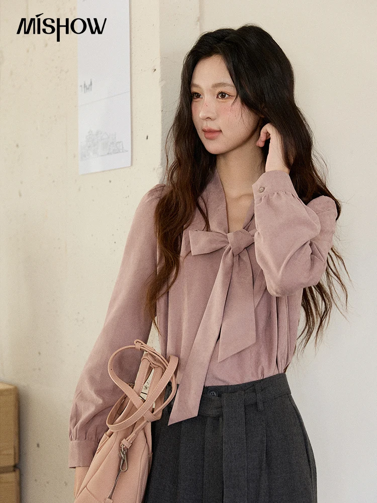 

MISHOW Women Long Sleeve Blouse 2025 Autumn Winter French Retro Ribbon V-neck Top Luxury Women's Elegant Blouses MXE49X2515