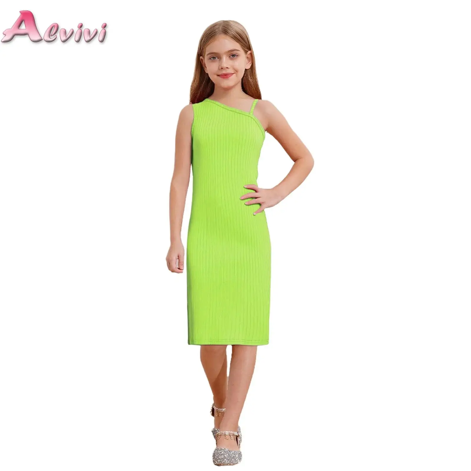 Children's Knitted Slip Dress for Girls 2026 Summer New Asymmetrical Shoulder Elastic Slim Ribbed Sundress Bodycon Dress