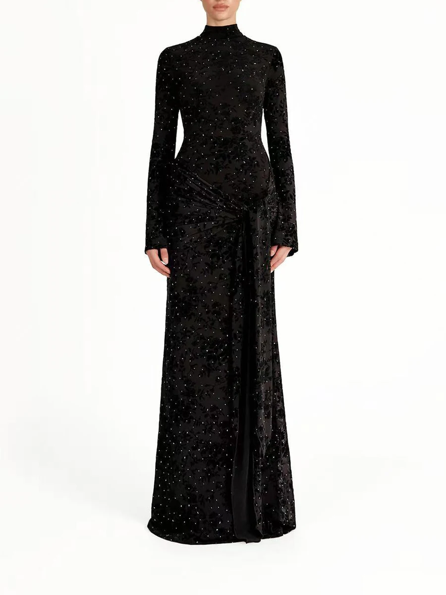TWOTWINSTYLE Solid Slimming Spliced Sequins Dresses for Women Round Neck Long Sleeves Patchwork Lace Up Midi Dress Female New