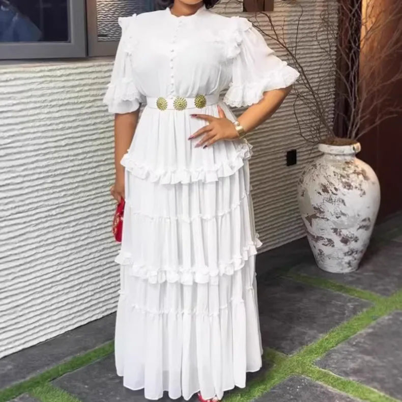 

Custom Made White Chiffon Tiered Ruffle Maxi Dress Plus Size Elegant Formal Evening Gown with Gold Belt for Women Wedding Party