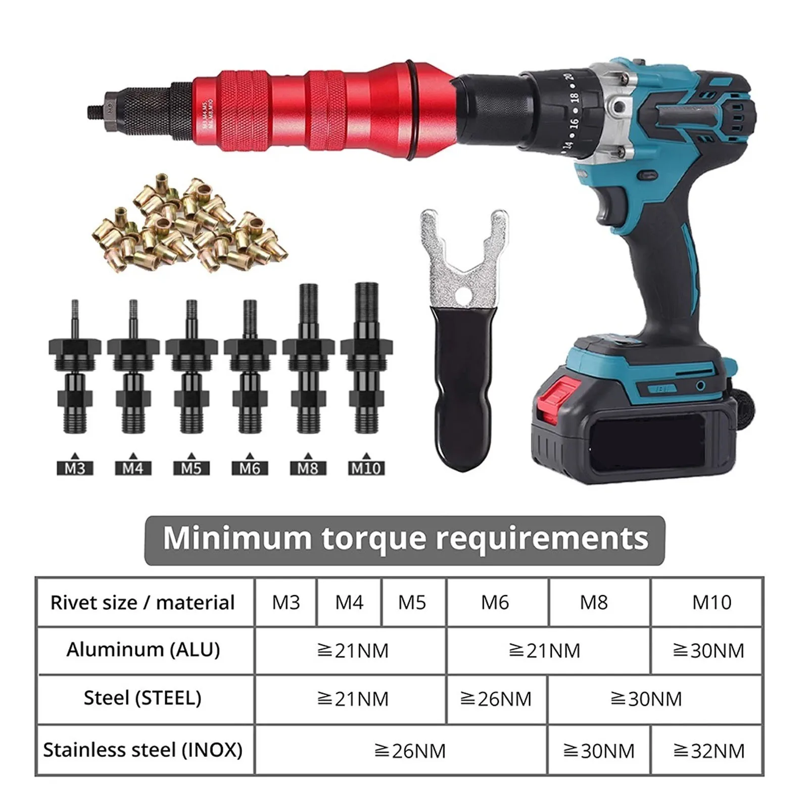 Electric Rivet Drill Adapter Kit 6 Interchangeable Rivet Heads Anti Slip Handle Rivet Nut Adapter with Carry Case for Elevators