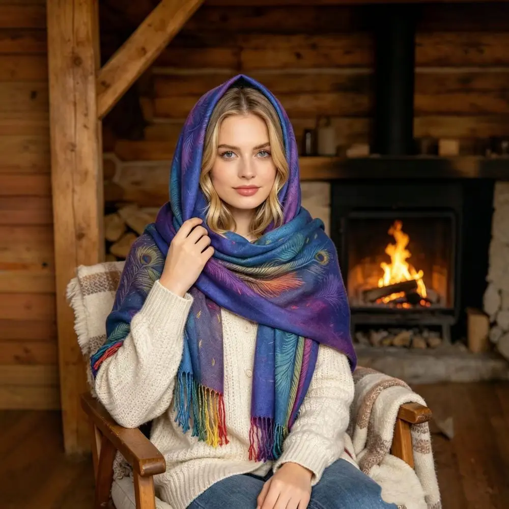 Women Warm Gradient Scarf Peacock Feather Shawl Long Tassel Wrap Winter Ethnic Style Fashion Soft Pashmina Stole
