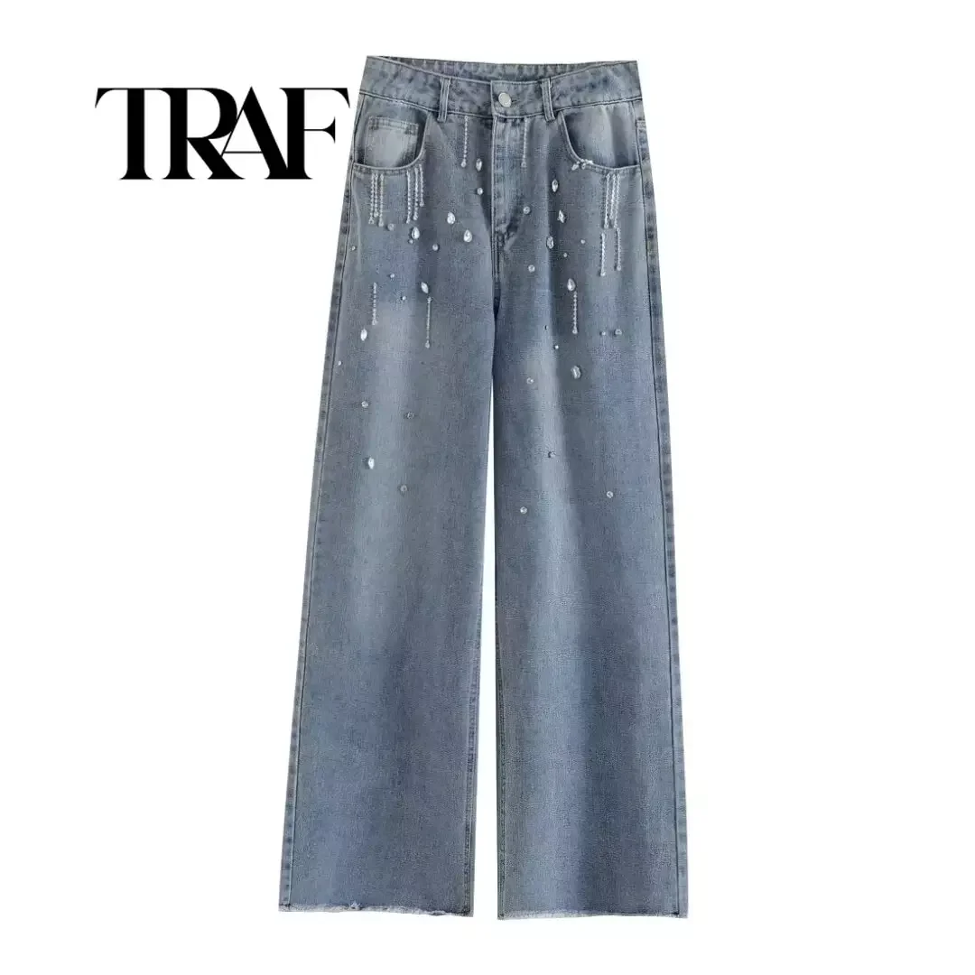 

TRAF Jeans for Women Denim Women Joggers New High Quality Luxury Trousers Streetwear Y2k Baggy Wide Rhinestones Leg