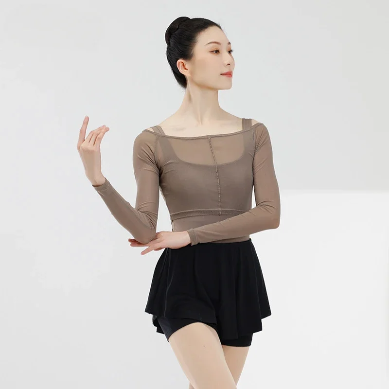 

Ballet dance training uniform one-shoulder mesh blouse gauze short body training suit top