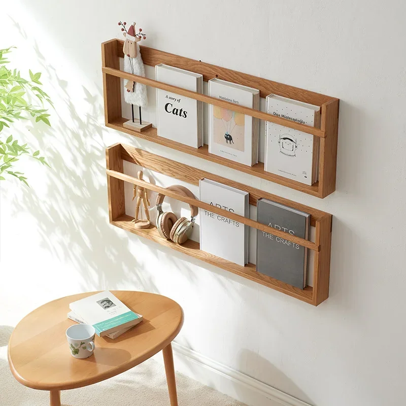 

Wall-Mounted Solid Wood Bookshelf, Moisture-Proof Oak Wall Storage Rack, Stylish Magazine Organizer for Living Room Display