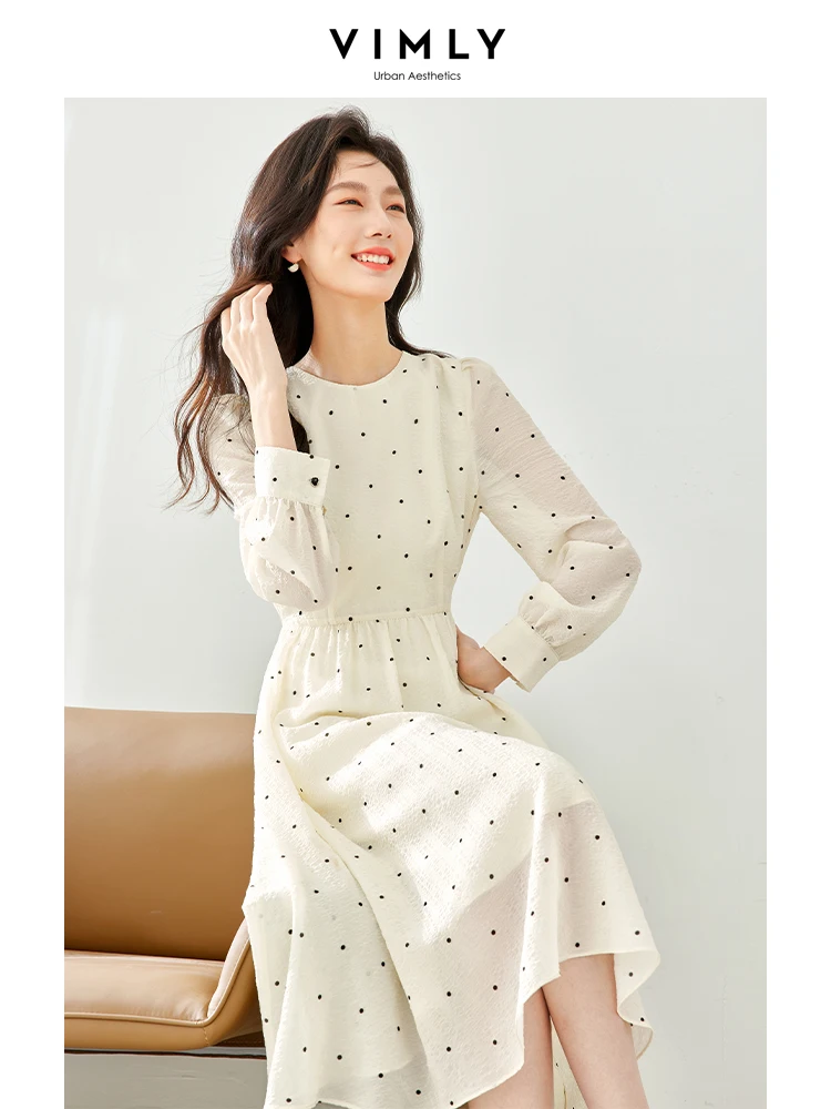 Vimly French Polka Dot Elegant Autumn Dresses for Women 2023 Fall Fashion New Elastic Waist Midi Dress Female Vestidos M2725