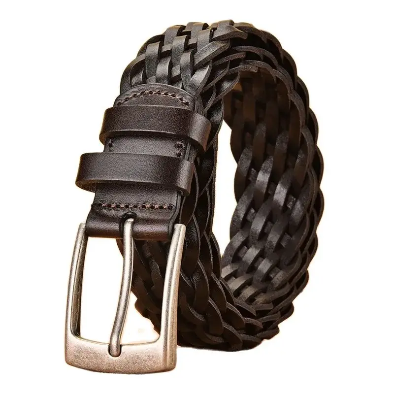 Men full Grain Genuine Leather Belts gift box knitting SIZOC Man woven Genuine Leather Belt