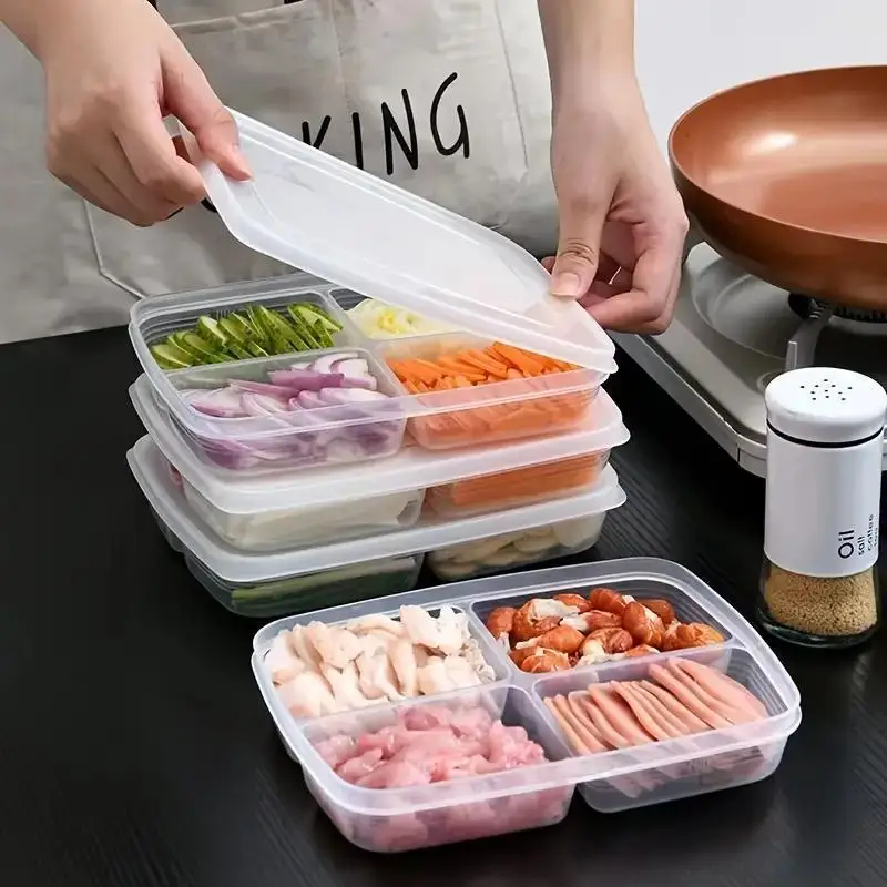 Refrigerator Storage Box, Food Portioning, Fresh-keeping Box, 4 Grids Fridge Fresh-keeping Box, Food Fruit Storage Box