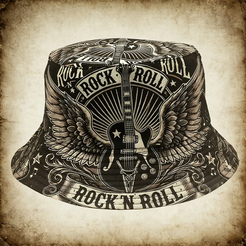 Double Layered Rock Roll Bucket Hat Guitar Printing Fisherman Hats Music Pattern Panama Cap Design Outdoor Street Sun Caps