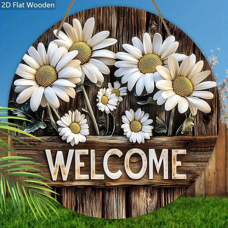 2D Flat, 1pc Vintage Rustic Wooden Welcome Sign with Daisy & Butterfly Design - 2D Flat Wall-Mounted Front Door Hanging Decor fo