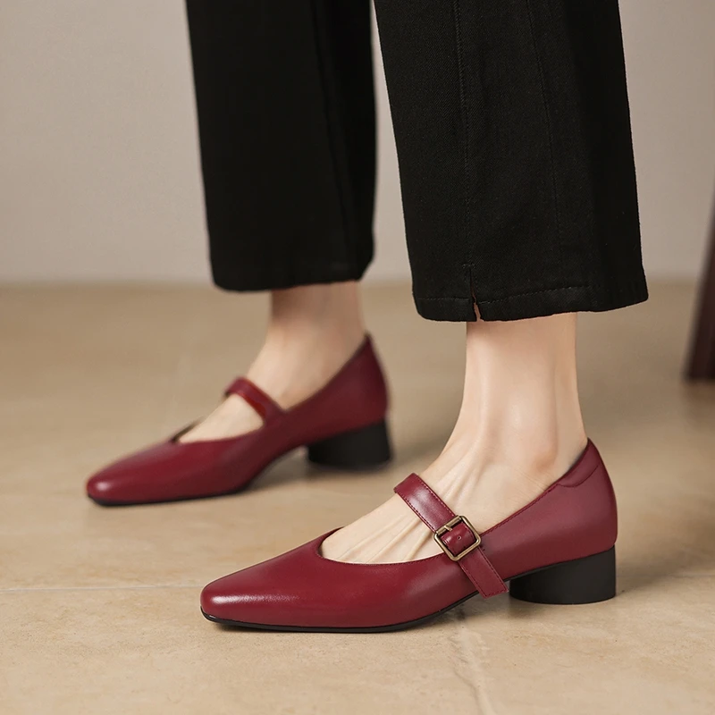 

Women's New Spring and Autumn Genuine Leather Cowhide Metal Belt Buckle Mid Heel Large Mary Jane Shoes Fashion Single Shoes