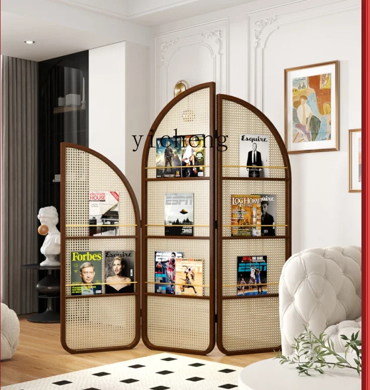 ZZf Solid Wood Rattan Woven Subareas Screens Living Room Folding Retro Domestic Covering Bedroom Movable
