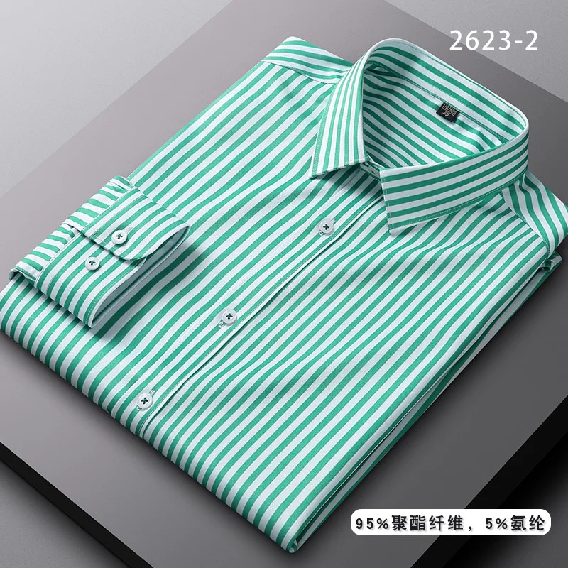 New elastic wrinkle resistant men\'s long sleeved formal shirt, high-quality men\'s slim fit social business striped men clothing