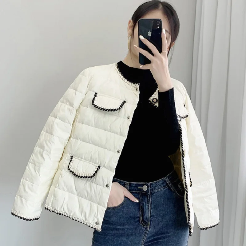 Female Autumn Winter 2022 New Padded Down Cotton Padded Jacket Slim White Black Round Neck Parkas Women