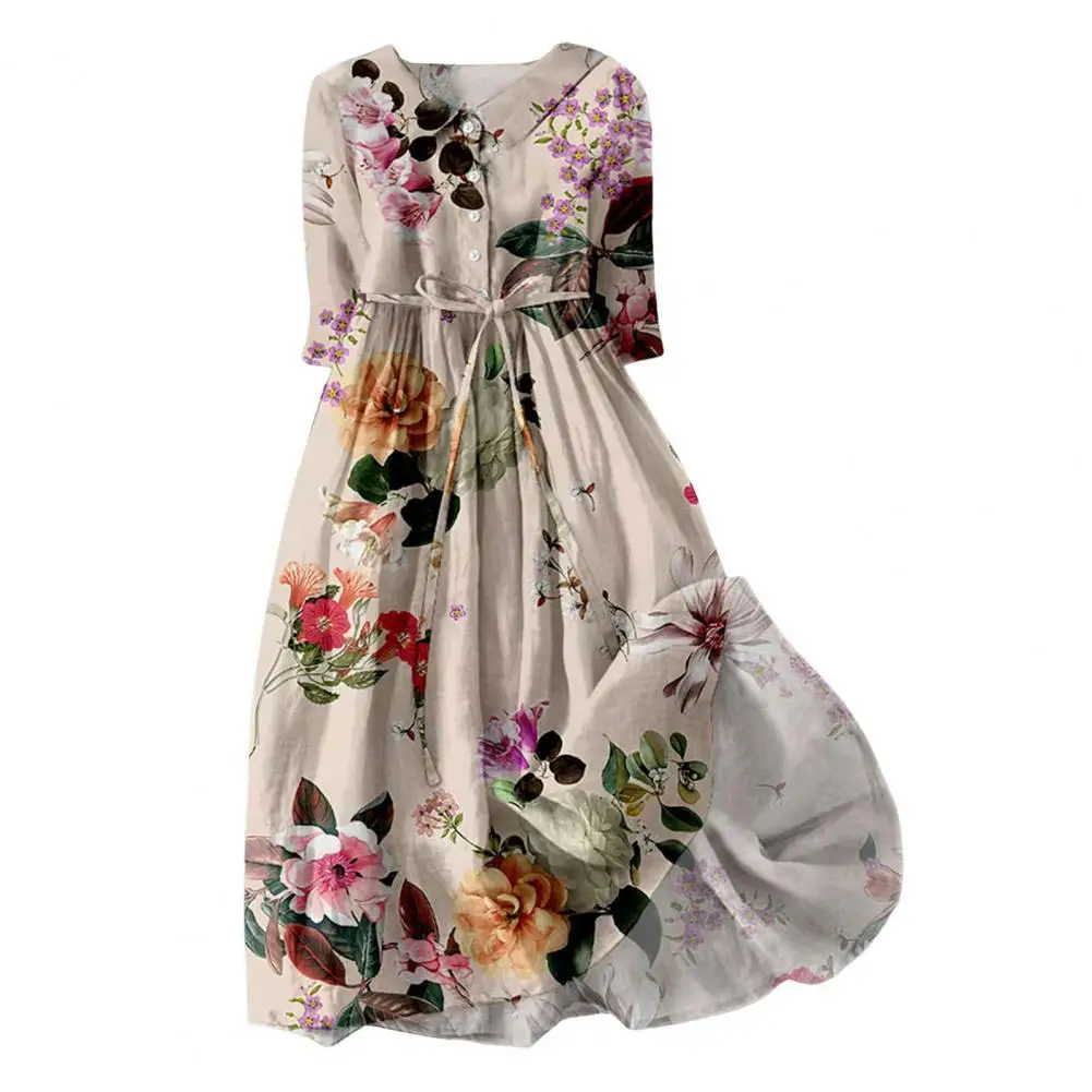 Mid-sleeve Dress Bohemian Floral Print Midi Dress with Lace-up Detail A-line Silhouette for Women Spring Fashion Statement Date