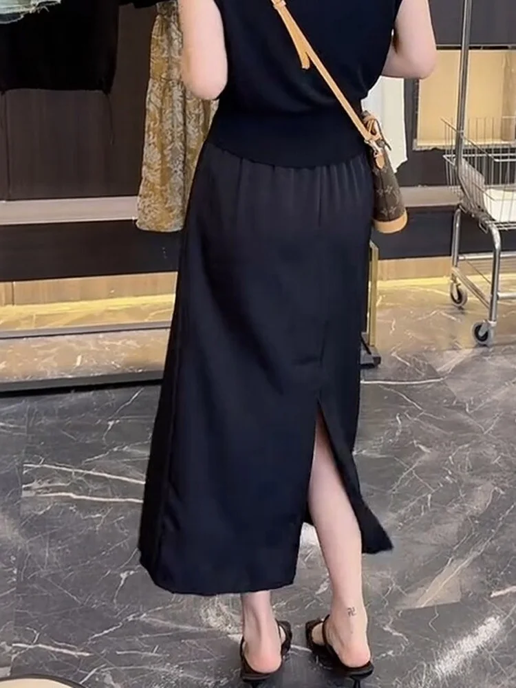 plus Size Women's Satin A-Line Midi Skirt Summer Slimming High Waist Split Straight Cut Casual  Shape Pear Shape Waistline view 2