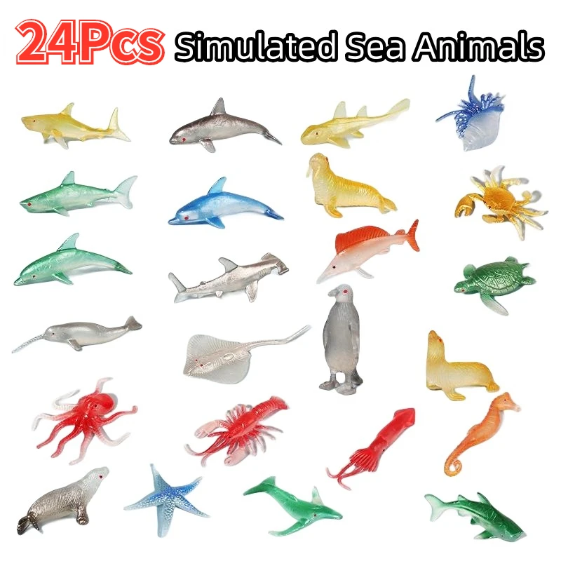 

24Pcs/set Simulated Marine Animal Toys Mini Ocean Dolphin Crab Shark Turtle Model Kid Education Toy