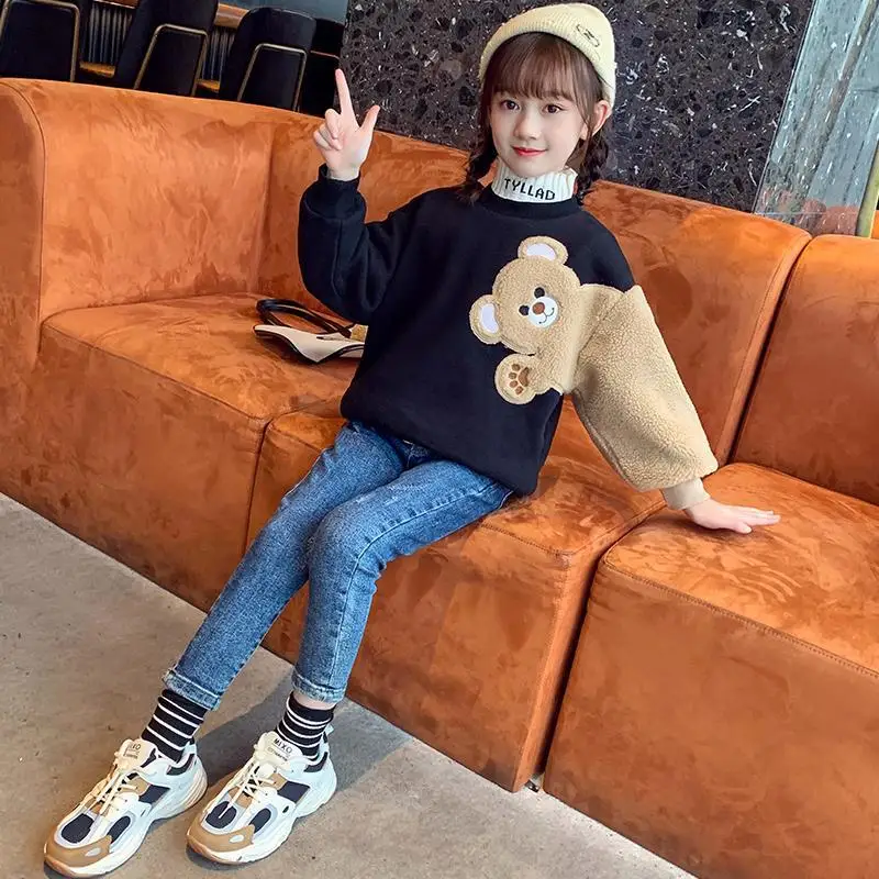 2023 autumn winter girls Sweatshirt hoodie Kids Fleece bear print teens t shirt Child plus Velvet clothes new 5 6 7 8 10 12 year