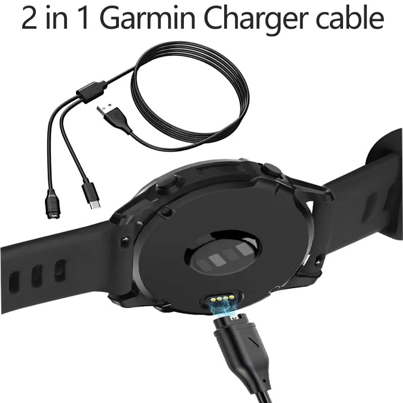 2-in-1 for Garmin Fenix 8 7 5 Plus Pro 5s Instinct E 3 2 USB Smartwatch & Smartphone Charger Replacement Charger Charging Cable