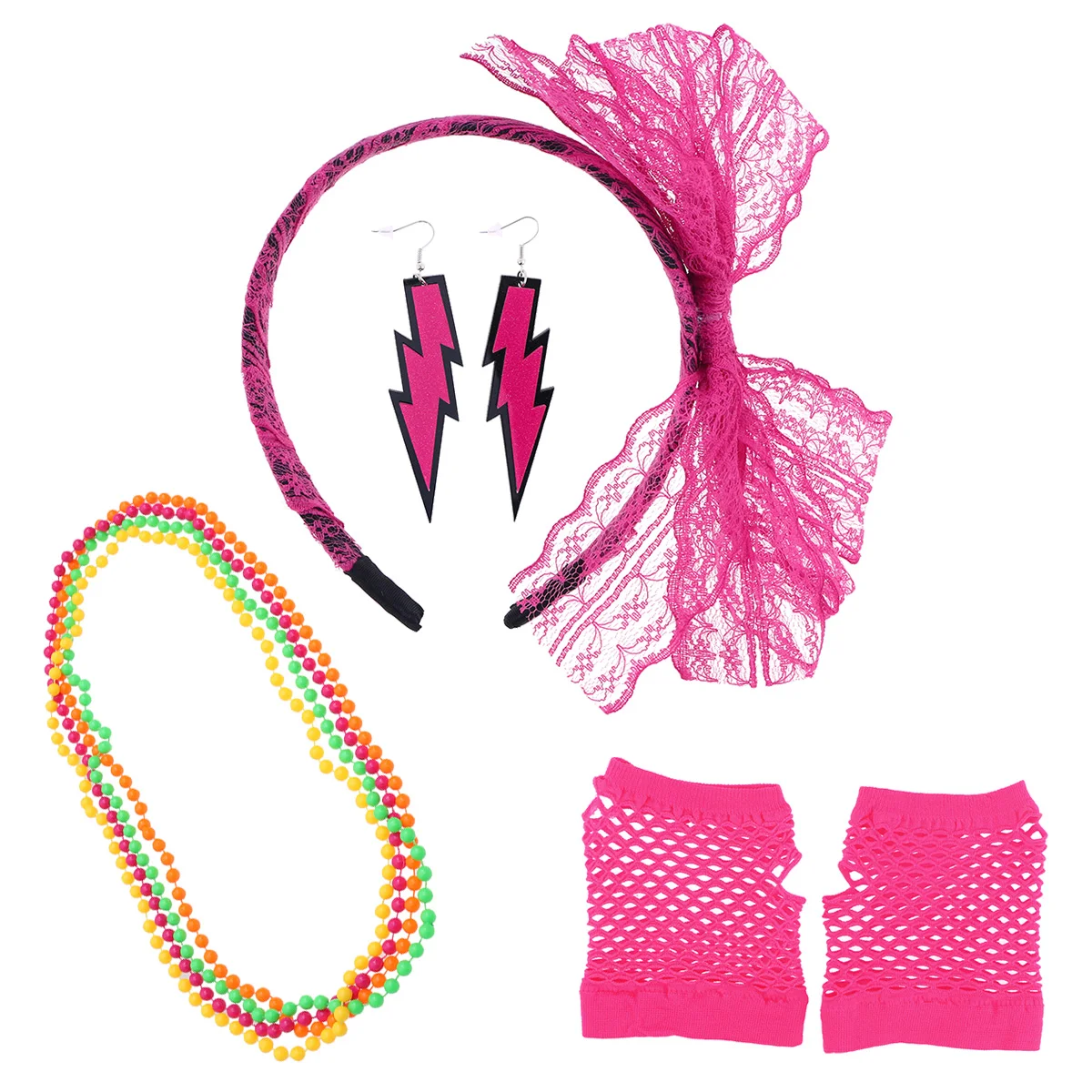 Set di Accessori per Costume Anni '80 Serie Rosy, Orecchini Neon, Fascia per Capelli in Pizzo, Guanti a Rete, Collana per Feste Anni '70, Halloween, Discoteca