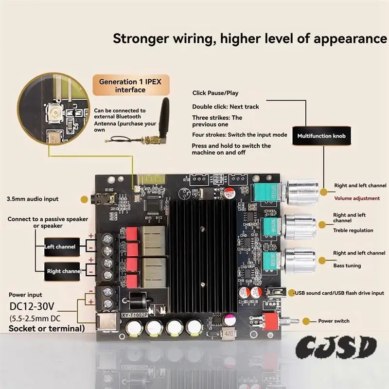 

CJSD-T1002P Upgrade 100W*2 Bluetooth Digital Amplifier Board Audio Stereo Equalizer High Bass Adjustment TPA3221 Ultra 3116 A