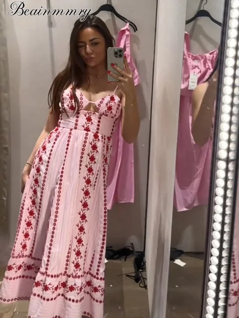 Pink Printed Wrap Maxi Dress Sleeveless Backless V Neck Hollow Out Casual Summer Long Dresses 2026 New Elegant Vacation Robe