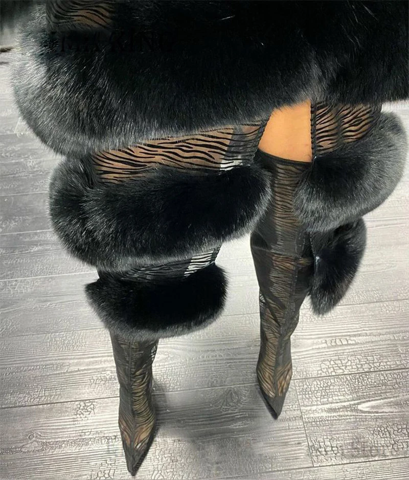 Sexy Fuffly Fox Fur Winding Wrapped Thigh Boots Women Zebra Leopard Lace Mesh Pointed Toe Faux Fur Over Knee Boots Feminina