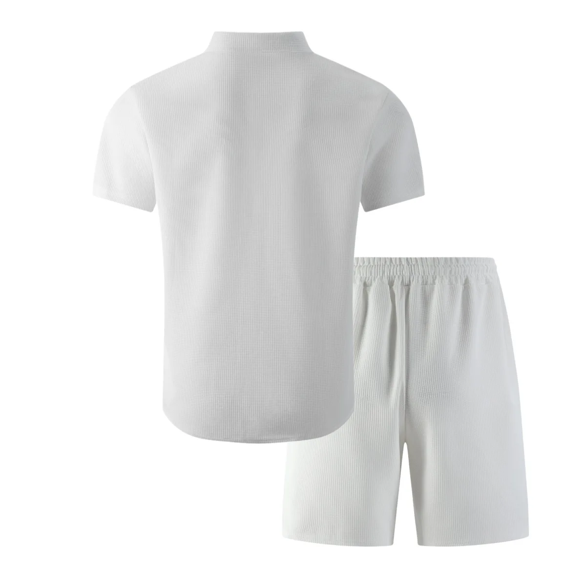 Summer New Men Waffle Knit Polo Solid Color Lapel Short Sleeve Cardigan Shirt Pocket Shorts Set Casual 2 Piece Outfit For Male